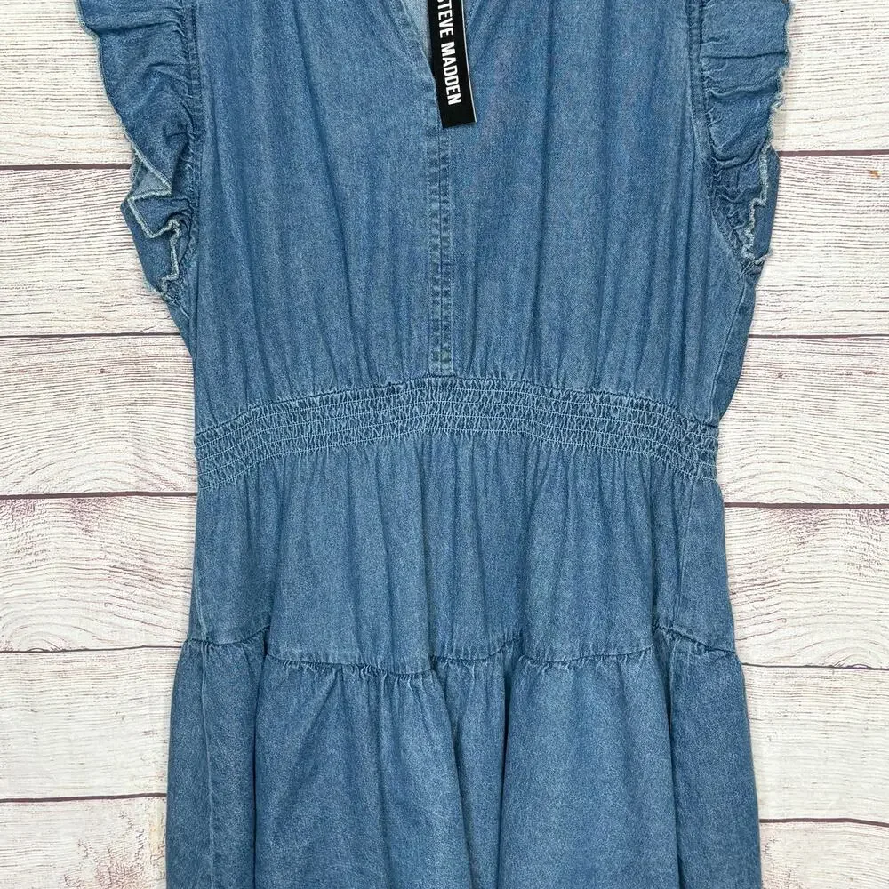 Steve Madden Prairie Dreams Chambray Blue Western Smocked Dress Size Large New - Picture 13 of 14
